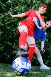 Playing soccer